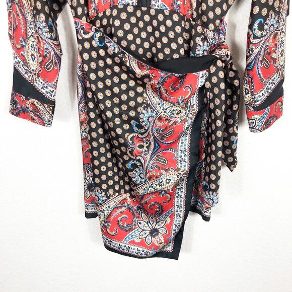 Zara Paisley Scarf Mix Print Satin Faux Wrap Mini Dress Small Boho Western - Picture 9 of 14